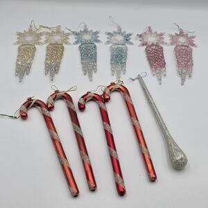 Vintage Lot Glittered Acrylic Snowflake Icicle Ornaments Plus Candycanes
